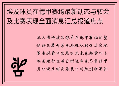 埃及球员在德甲赛场最新动态与转会及比赛表现全面消息汇总报道焦点 埃及球员在德甲赛场最新动态与转会及比赛表现全面消息汇总报道焦点